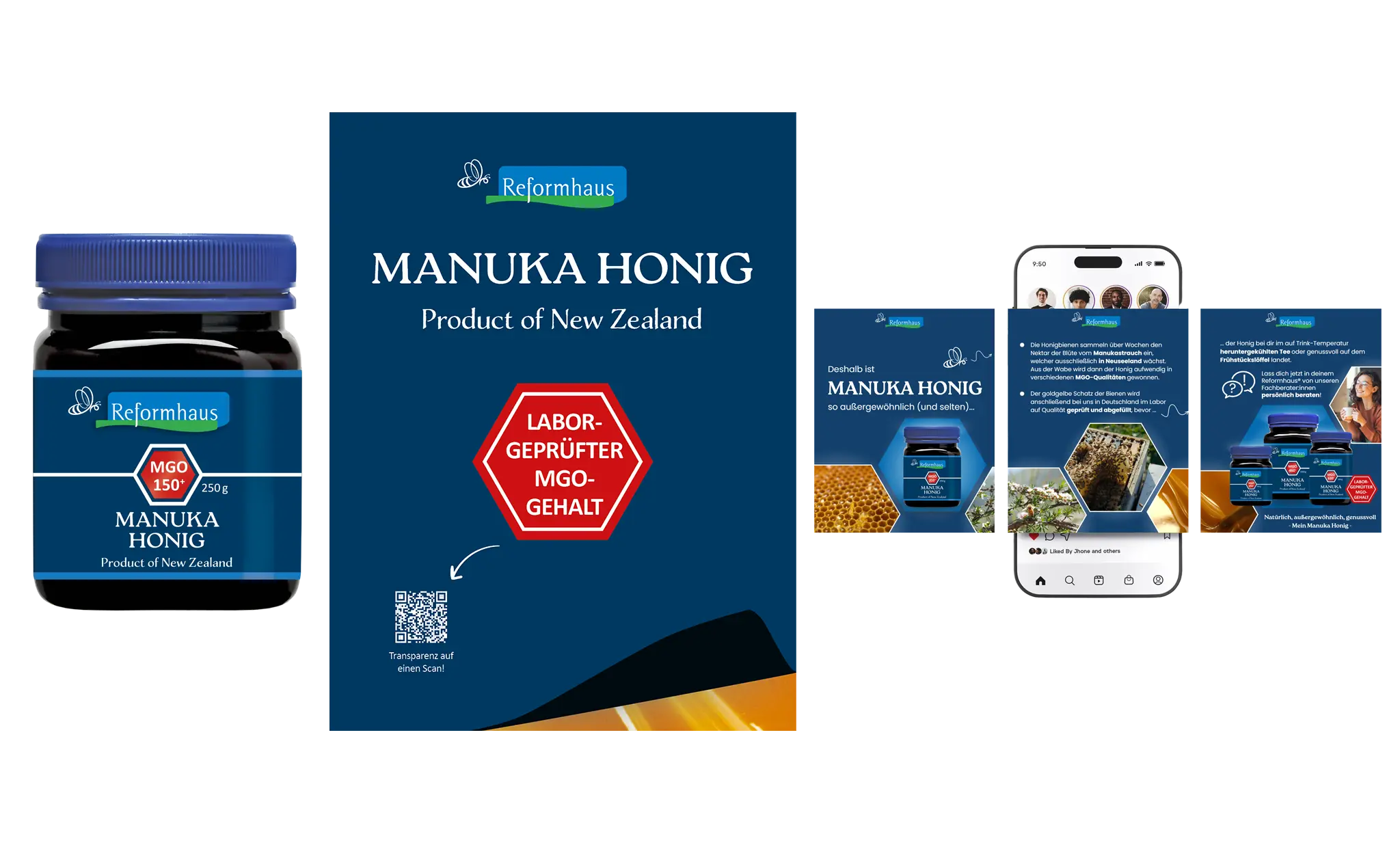 abbildung produktdesign manuka honig im glas außerdem eine Anzeige sowie ein instagram post zu dem produkt